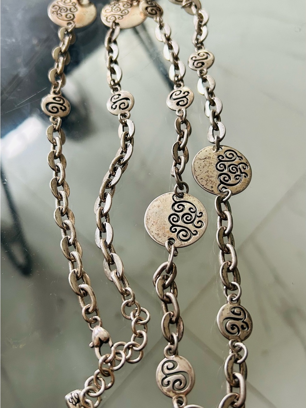 Brighton Long Silver Tone Swirl Link Necklace with Disks